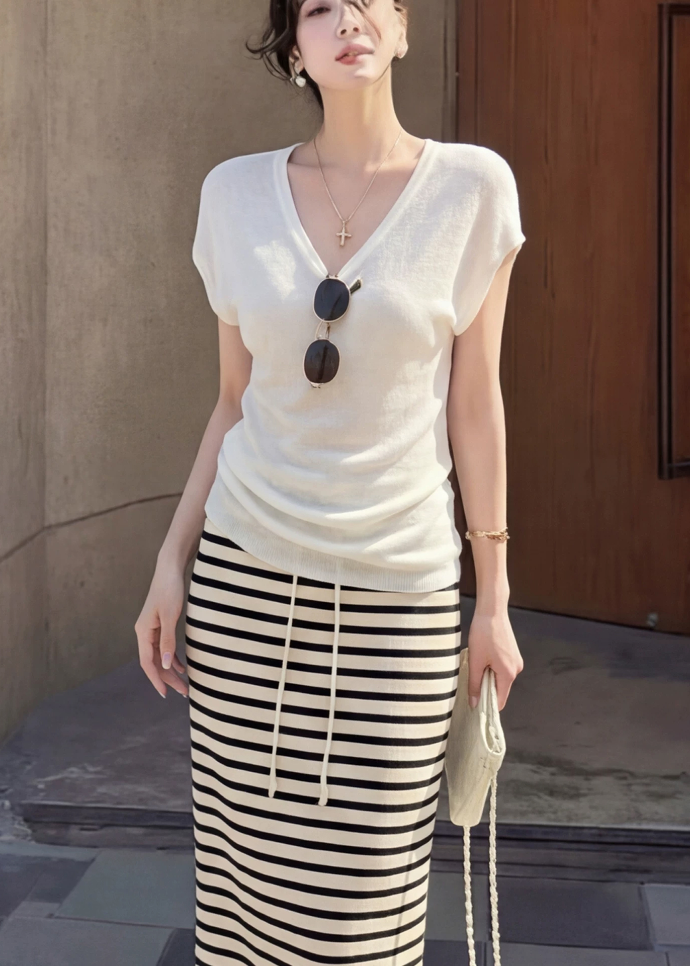 Lazy V-Neck Knit T-Shirt and Striped Skirt Set for Women - Style 942312 - Image 2