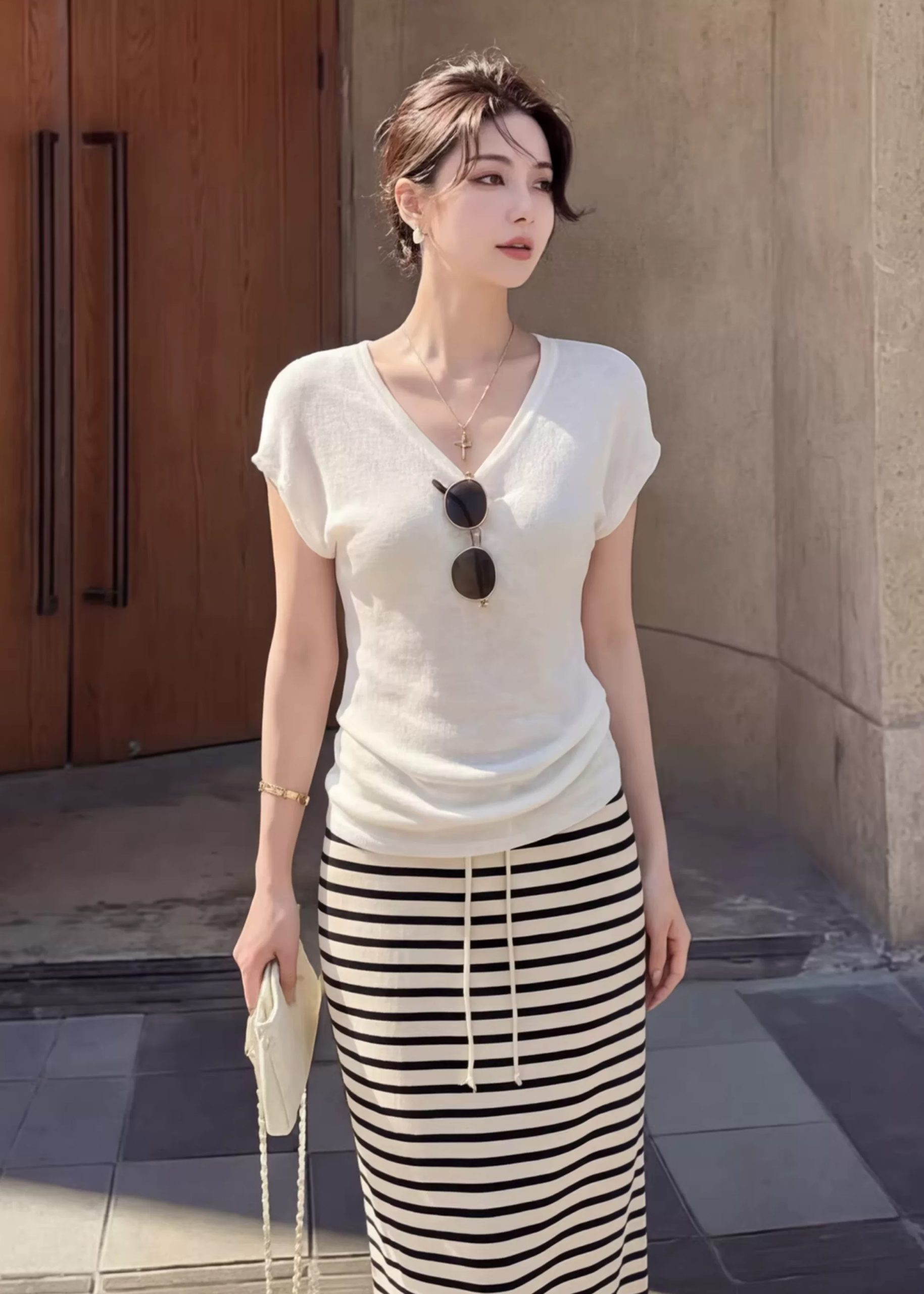 Lazy V-Neck Knit T-Shirt and Striped Skirt Set for Women - Style 942312 - Image 3