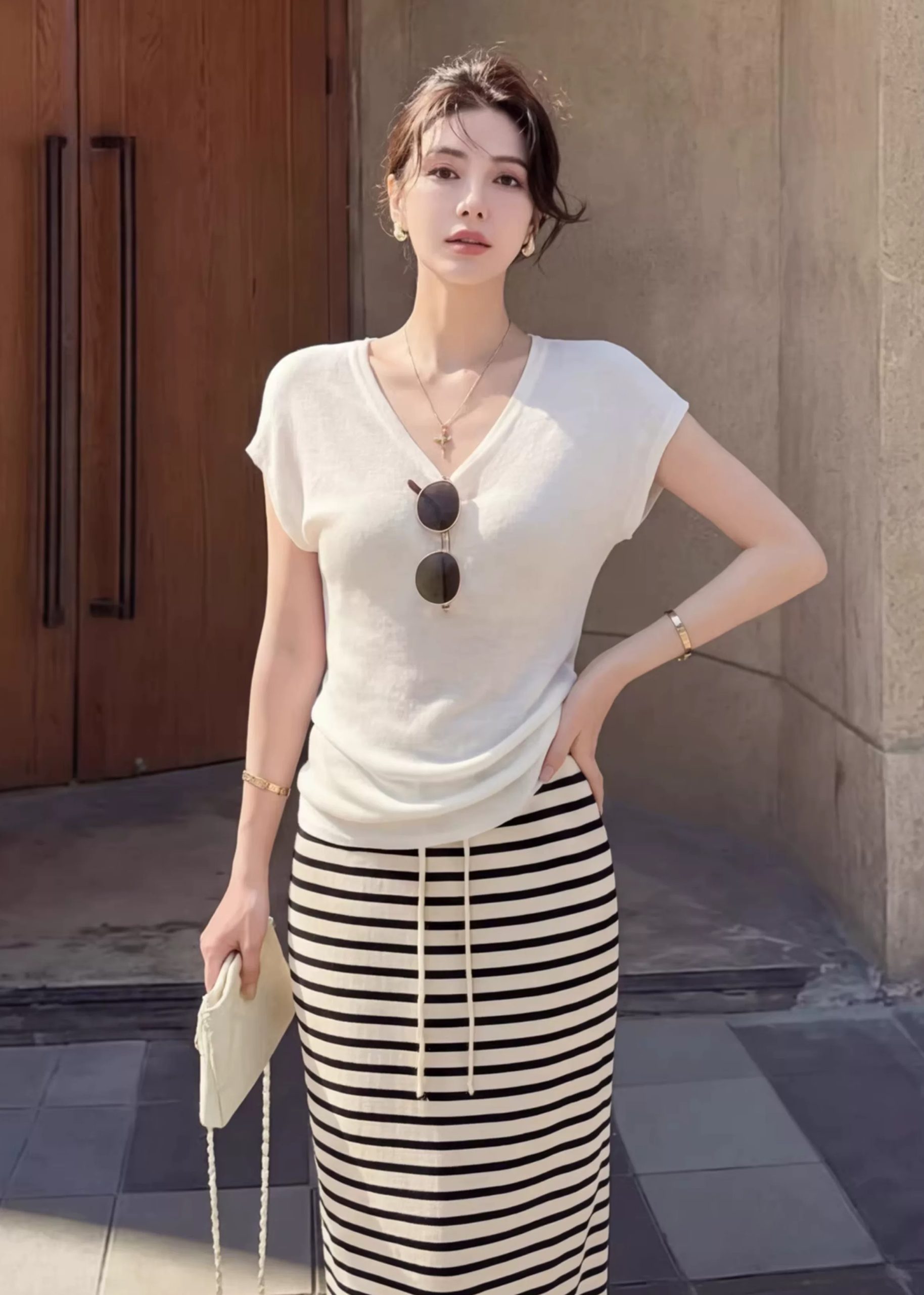 Lazy V-Neck Knit T-Shirt and Striped Skirt Set for Women - Style 942312 - Image 4