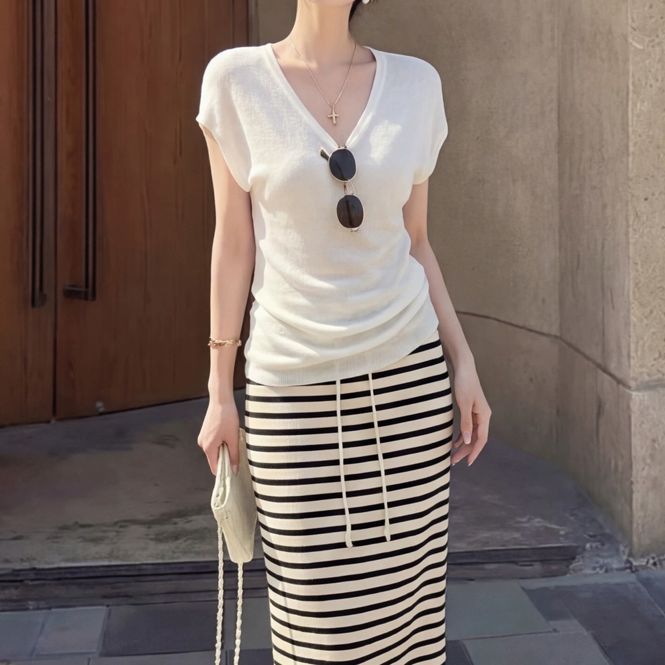 Lazy V-Neck Knit T-Shirt and Striped Skirt Set for Women - Style 942312 - Image 5