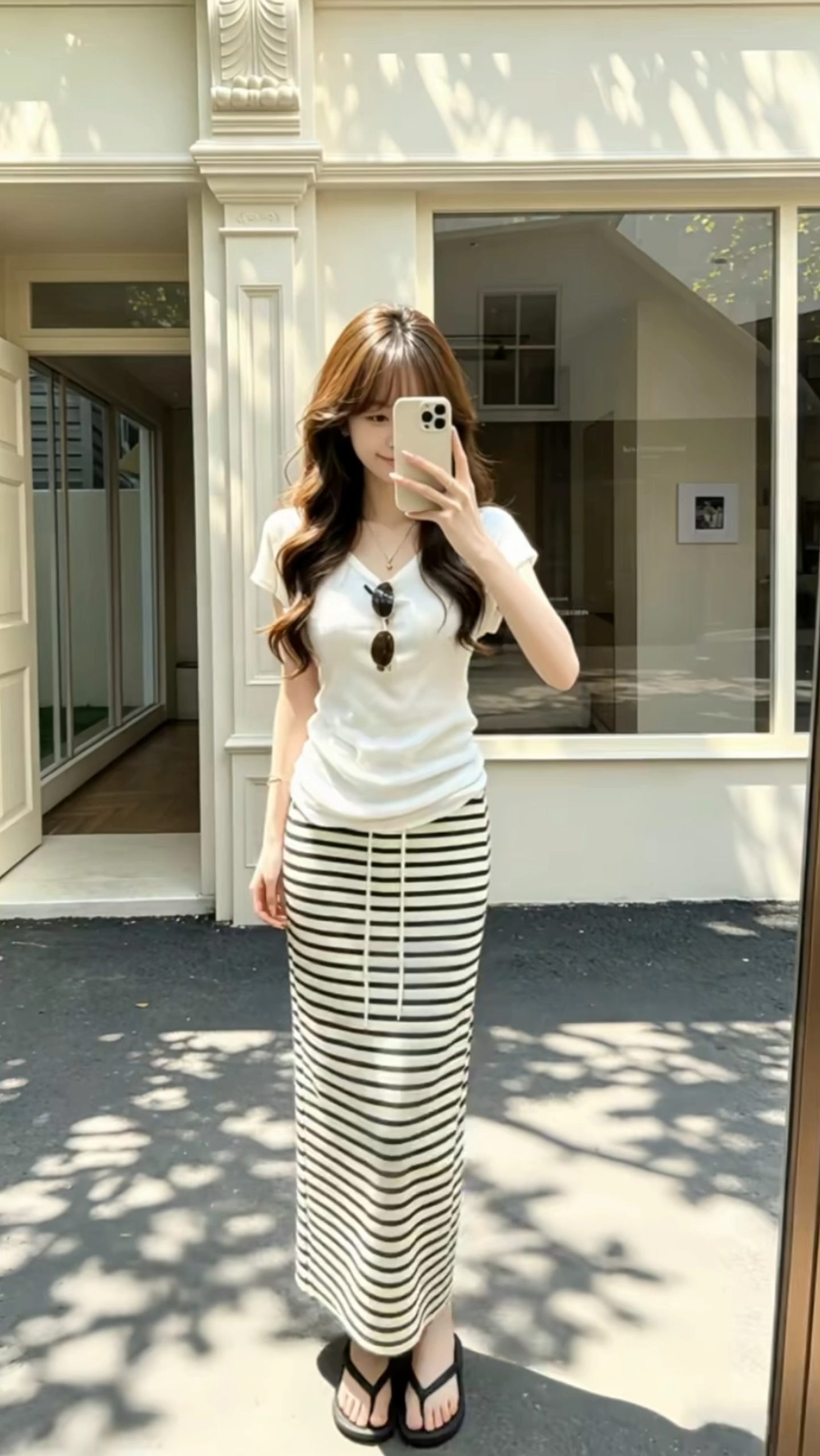 Lazy V-Neck Knit T-Shirt and Striped Skirt Set for Women - Style 60e510