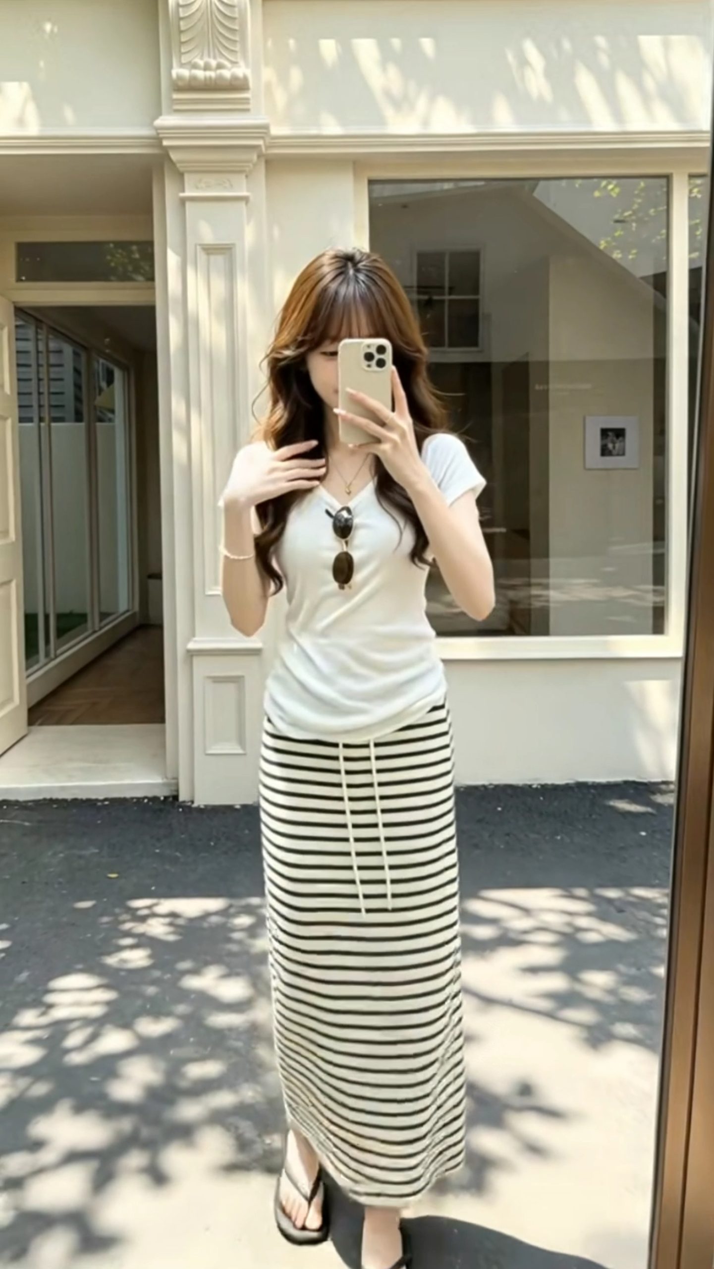 Lazy V-Neck Knit T-Shirt and Striped Skirt Set for Women - Style 60e510 - Image 2