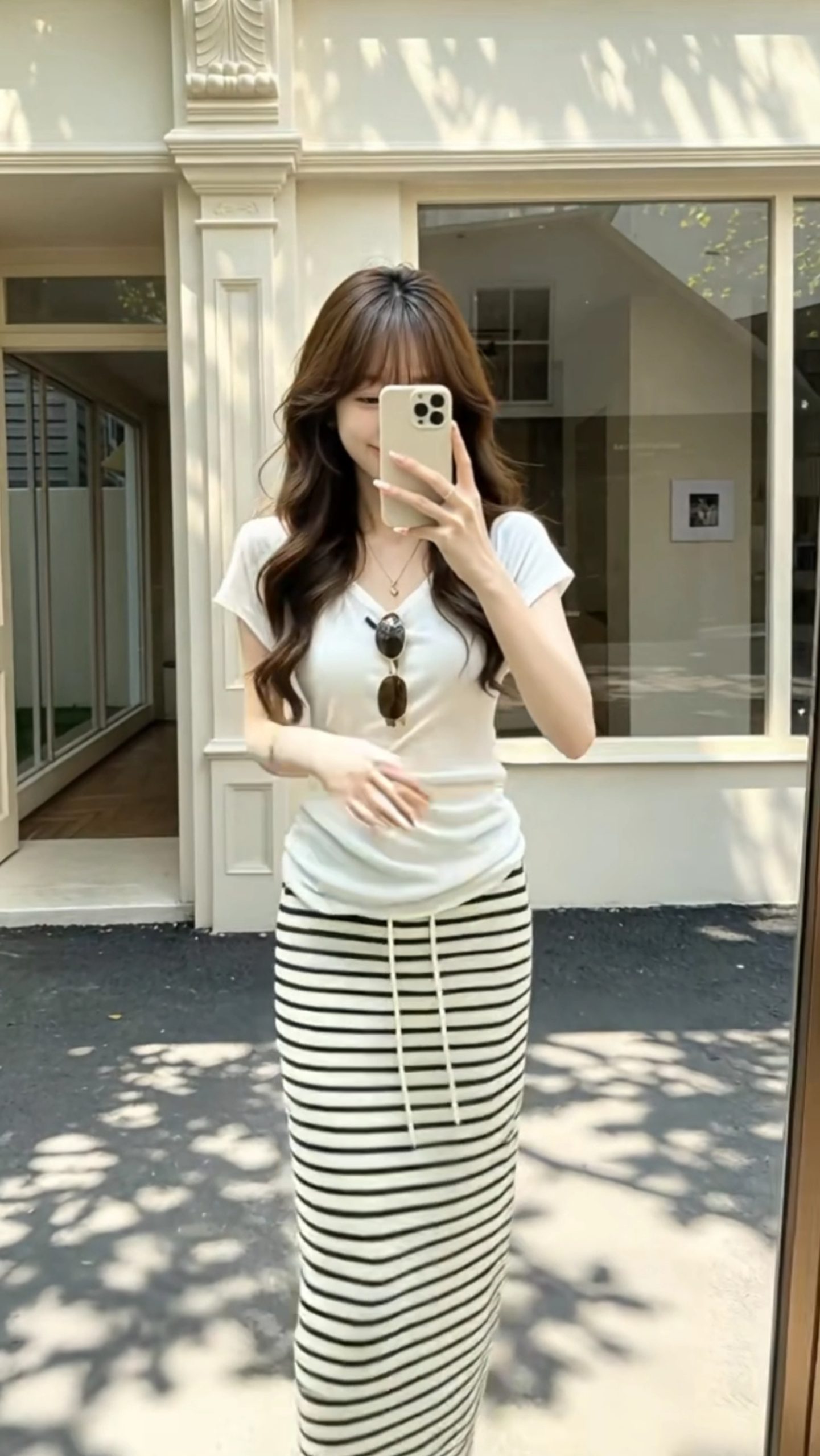 Lazy V-Neck Knit T-Shirt and Striped Skirt Set for Women - Style 60e510 - Image 3