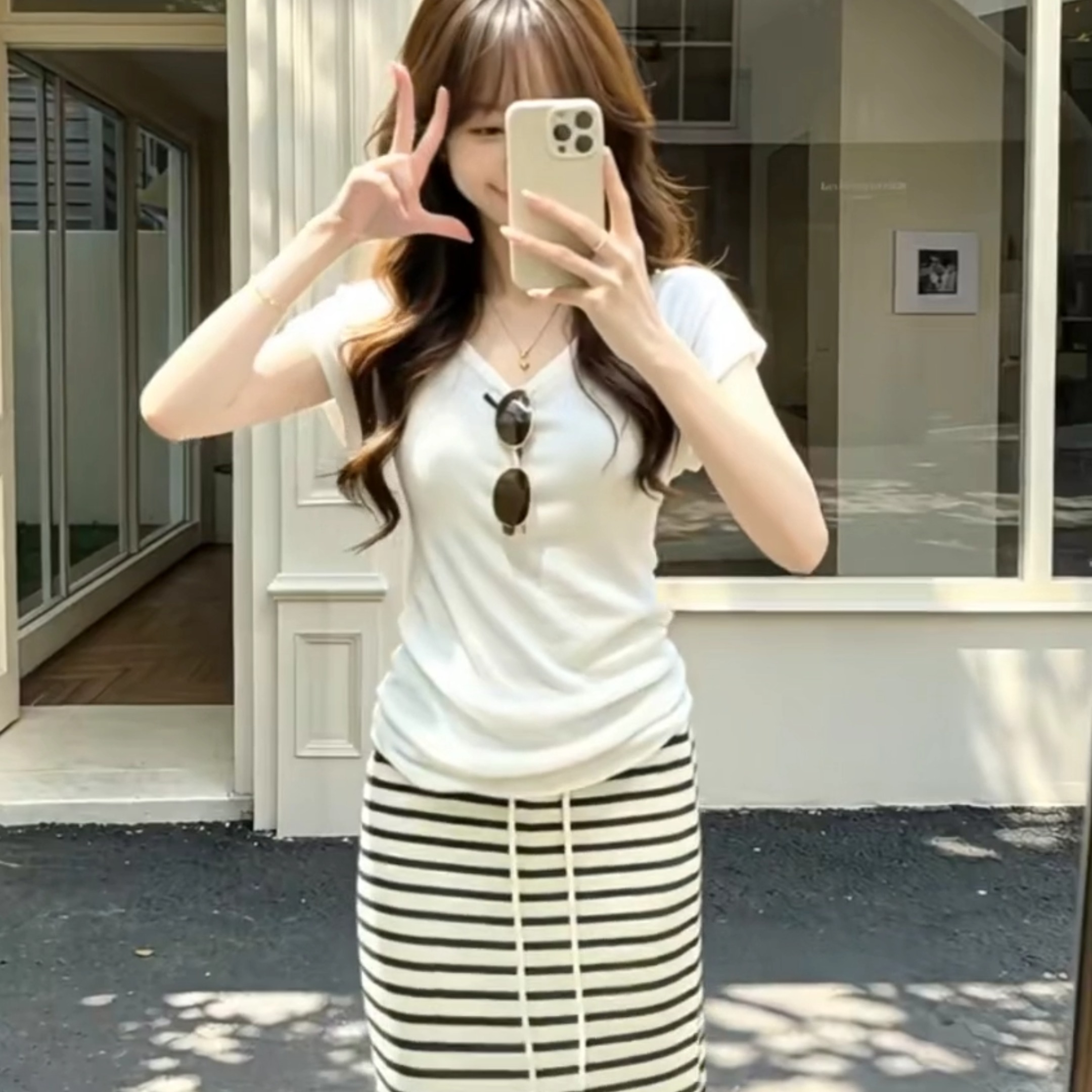 Lazy V-Neck Knit T-Shirt and Striped Skirt Set for Women - Style 60e510 - Image 5