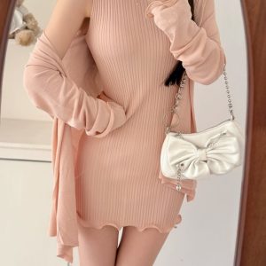 Pink Half Turtleneck Sleeveless Knit Dress Set for Women Summer Bodycon Mini Dress
