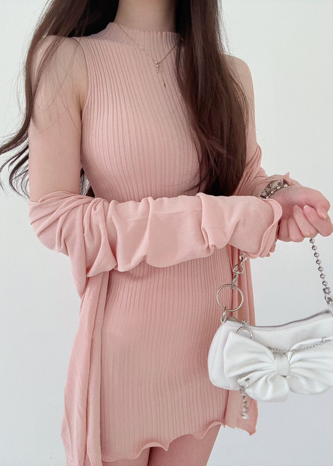 Pink Half Turtleneck Sleeveless Knit Dress Set for Women Summer Bodycon Mini Dress - Image 2