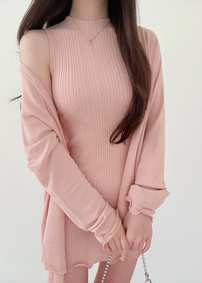 Pink Half Turtleneck Sleeveless Knit Dress Set for Women Summer Bodycon Mini Dress - Image 4