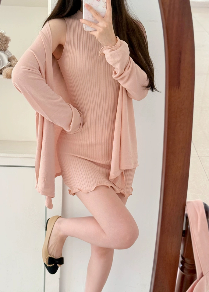 Pink Half Turtleneck Sleeveless Knit Dress Set for Women Summer Bodycon Mini Dress - Image 3