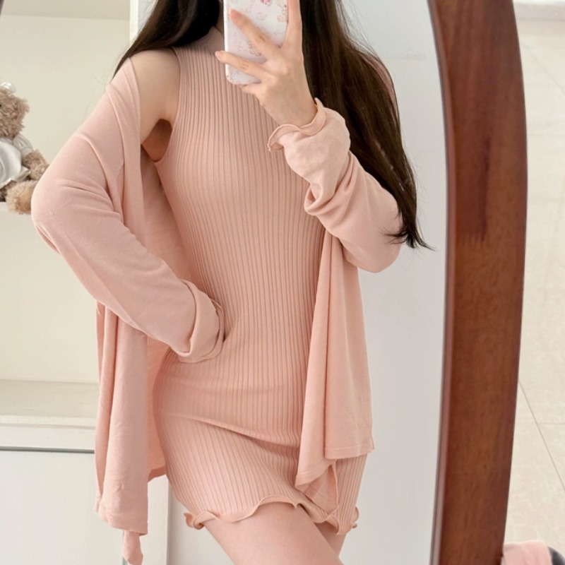 Pink Half Turtleneck Sleeveless Knit Dress Set for Women Summer Bodycon Mini Dress - Image 5