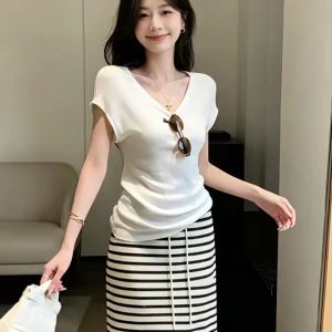 Women's Casual Two-Piece Set Korean Style White V-Neck Top and Striped Skirt 2026 Summer