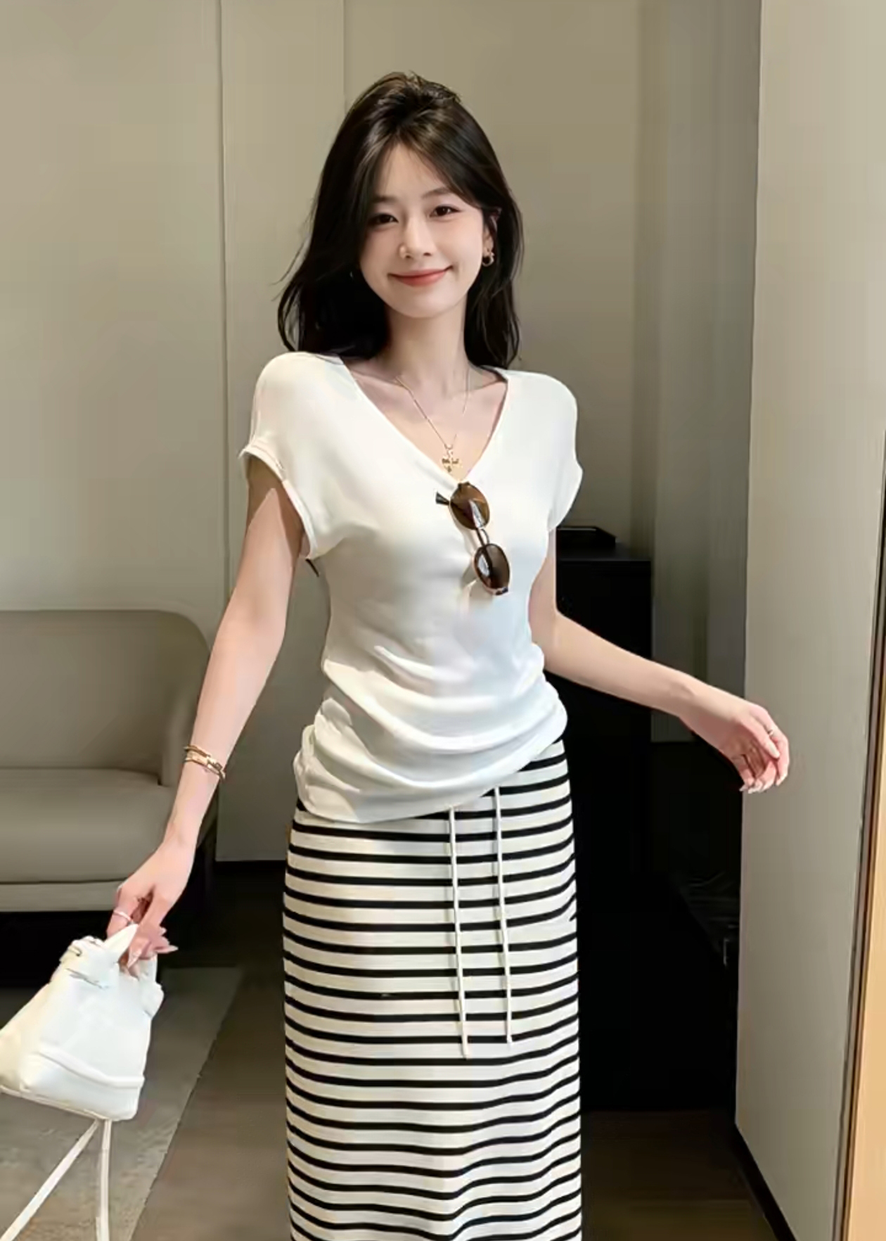Women's Casual Two-Piece Set Korean Style White V-Neck Top and Striped Skirt 2026 Summer