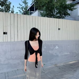 Women's Seven-Sleeve Tie Cardigan Autumn New Design Short Top with Cami