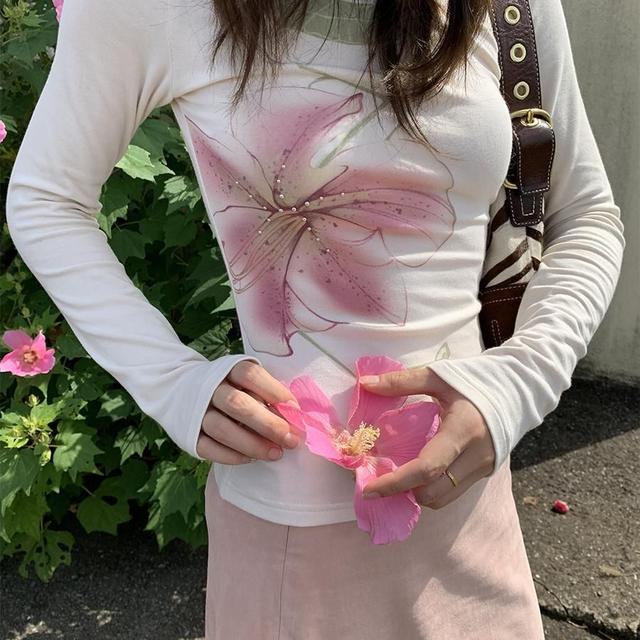Sweet Japanese Lily Print Rhinestone Long Sleeve T-Shirt for Women Autumn Slimming Versatile - Image 5