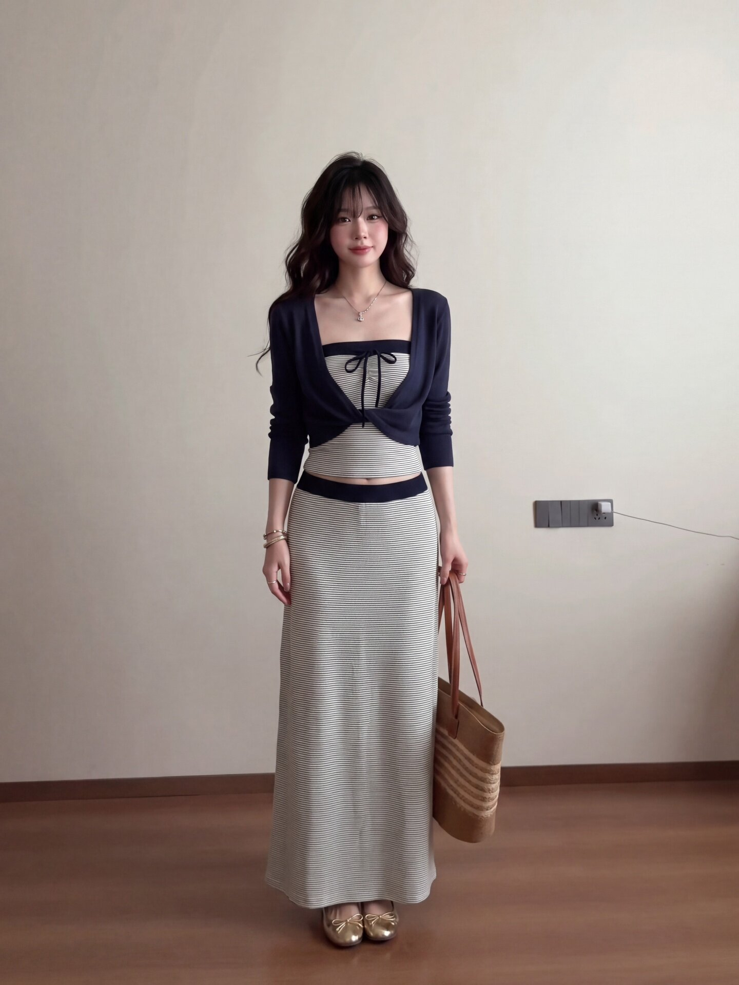 Korean Style Three-Piece Skirt Set for Women Summer Casual Long Sleeve Cover-Up Striped Tube Top and Long Skirt - Image 2