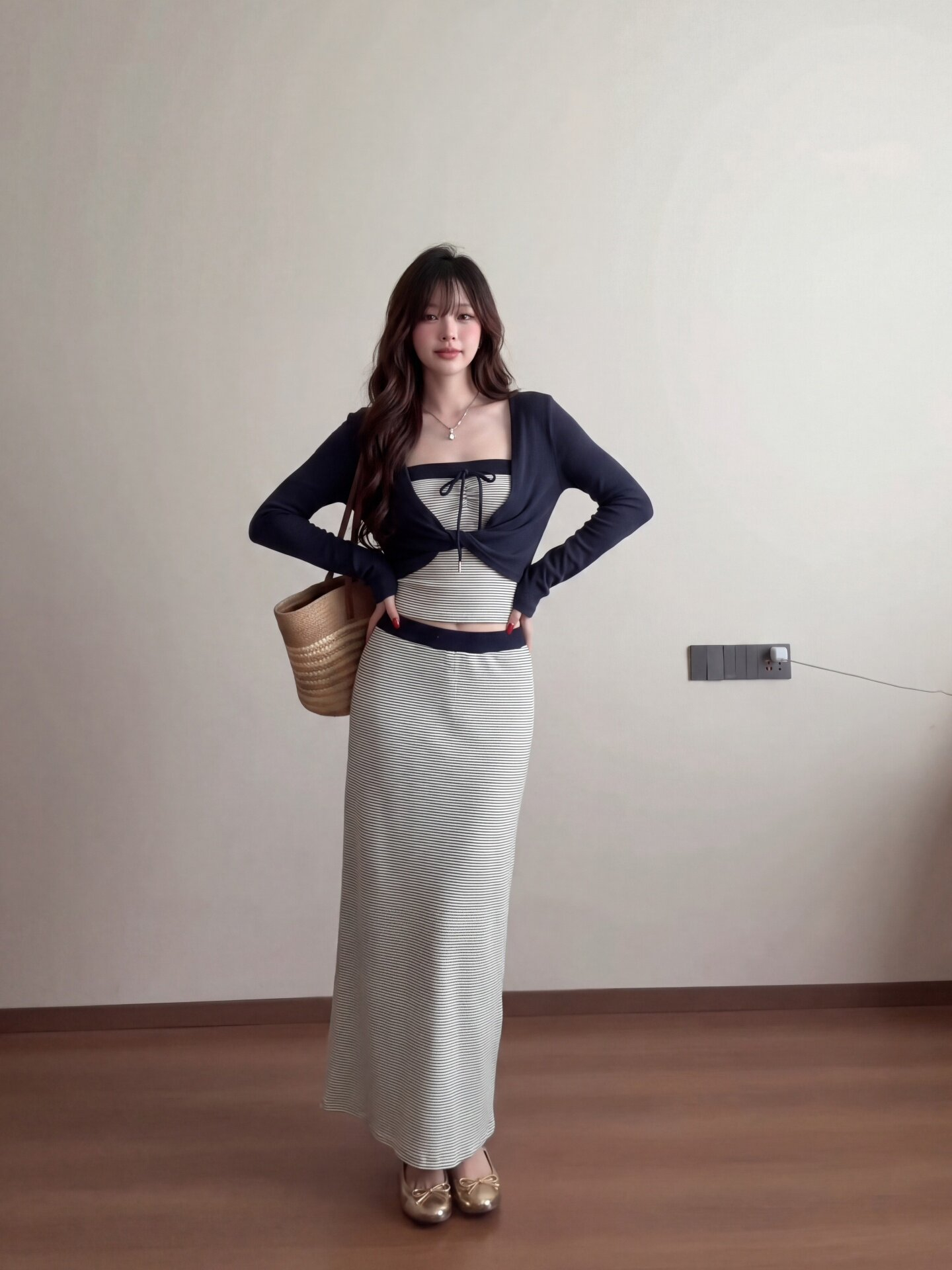 Korean Style Three-Piece Skirt Set for Women Summer Casual Long Sleeve Cover-Up Striped Tube Top and Long Skirt - Image 4