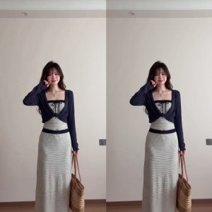 Korean Style Three-Piece Skirt Set for Women Summer Casual Long Sleeve Cover-Up Striped Tube Top and Long Skirt