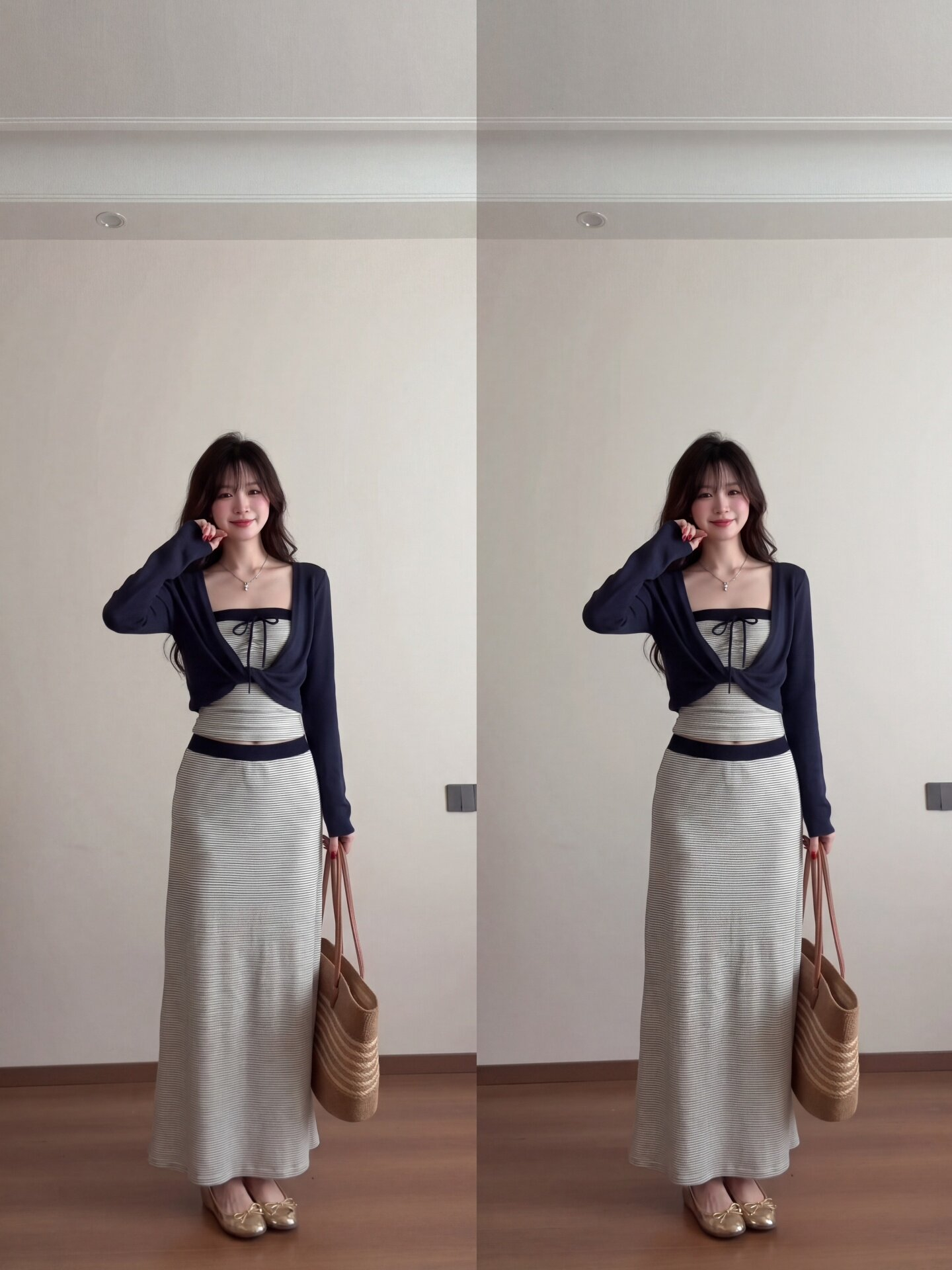 Korean Style Three-Piece Skirt Set for Women Summer Casual Long Sleeve Cover-Up Striped Tube Top and Long Skirt