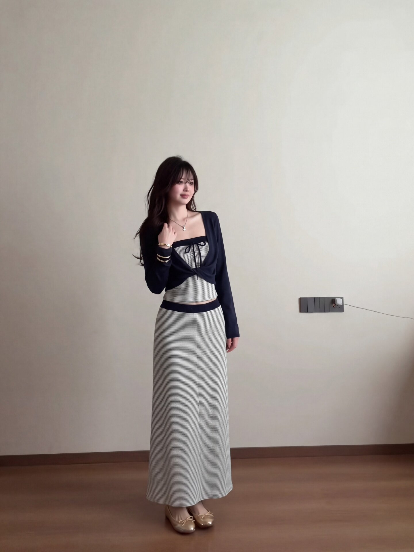 Korean Style Three-Piece Skirt Set for Women Summer Casual Long Sleeve Cover-Up Striped Tube Top and Long Skirt - Image 3
