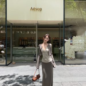 Women's 3-Piece Early Autumn Set: Cropped Cardigan, Cami, and Straight Midi Skirt