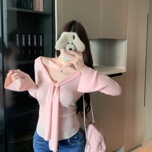 High-End V-Neck Tie Long Sleeve Knit Top for Women Fall Winter