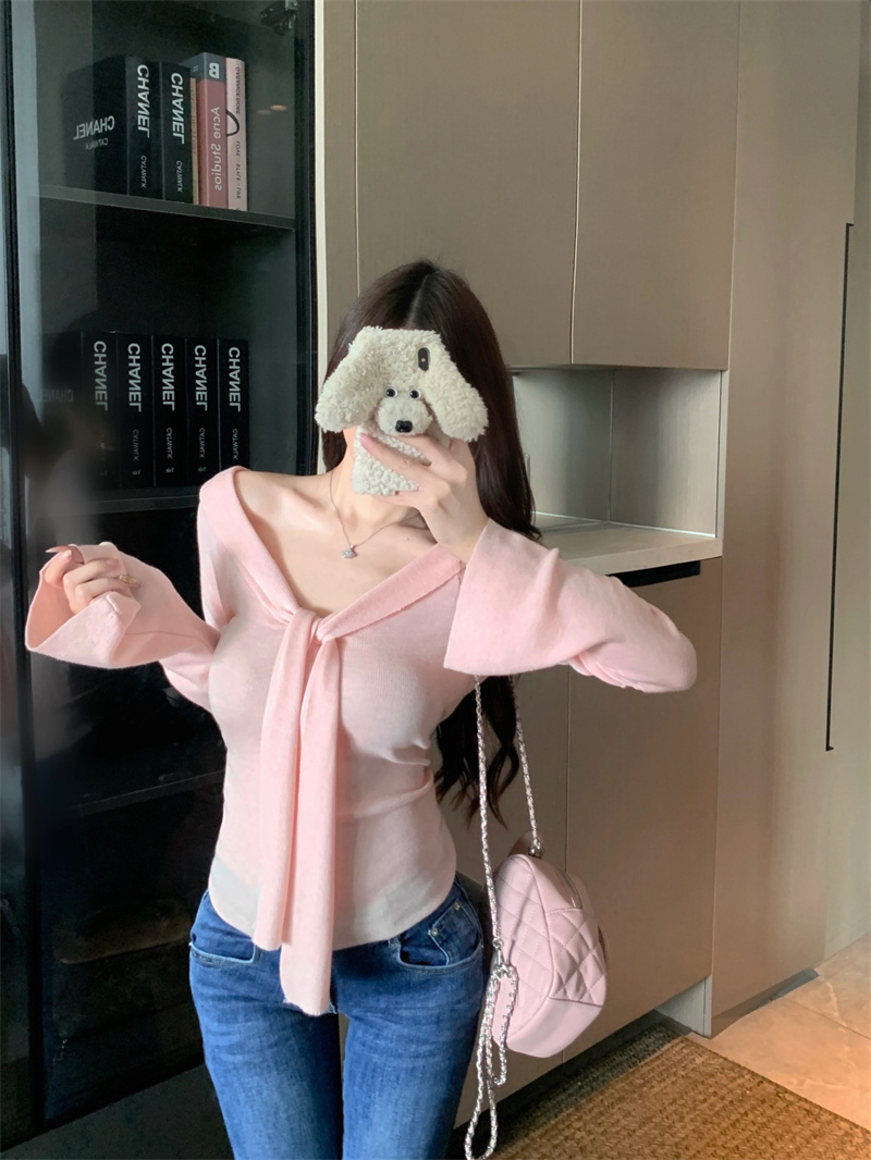 High-End V-Neck Tie Long Sleeve Knit Top for Women Fall Winter