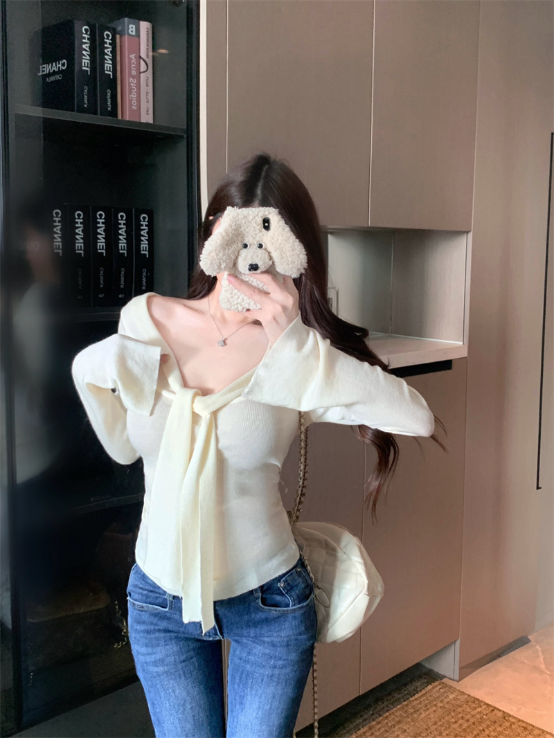 High-End V-Neck Tie Long Sleeve Knit Top for Women Fall Winter - Image 2