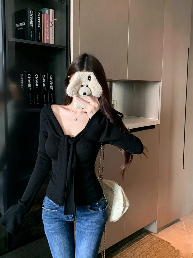 High-End V-Neck Tie Long Sleeve Knit Top for Women Fall Winter - Image 4