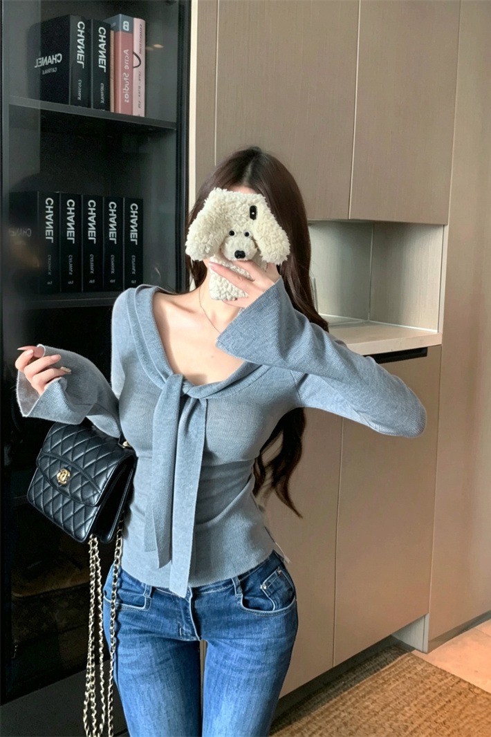 High-End V-Neck Tie Long Sleeve Knit Top for Women Fall Winter - Image 5