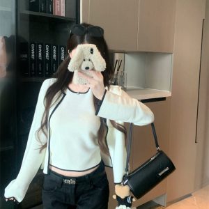 French Black and White Color Block Knit Cardigan and Tank Top Two Piece Set for Women Autumn Round Neck