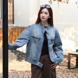 Women's Loose Fit Denim Jacket with Stand Collar and Zip Detail