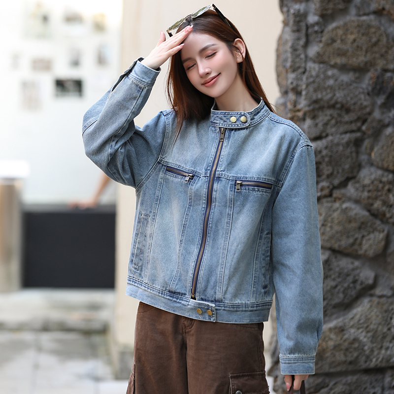 Women's Loose Fit Denim Jacket with Stand Collar and Zip Detail - Image 2