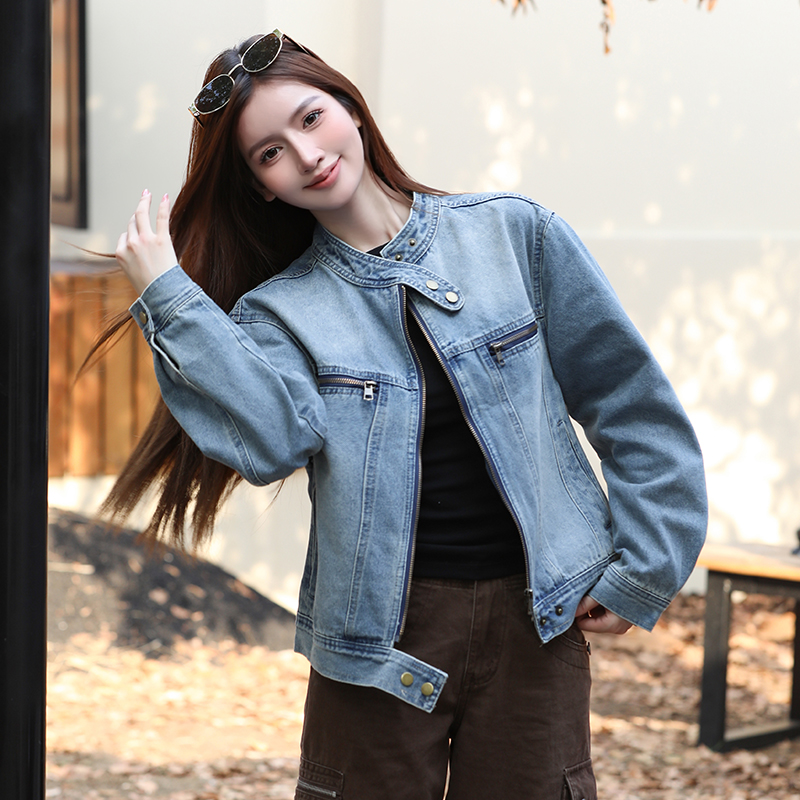 Women's Loose Fit Denim Jacket with Stand Collar and Zip Detail - Image 3
