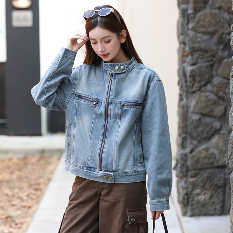 Women's Loose Fit Denim Jacket with Stand Collar and Zip Detail - Image 4