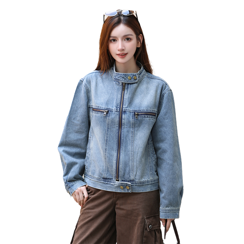 Women's Loose Fit Denim Jacket with Stand Collar and Zip Detail - Image 5