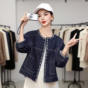 Women's Dark Blue Beaded Denim Jacket Korean Vintage Loose Fit Fall Winter