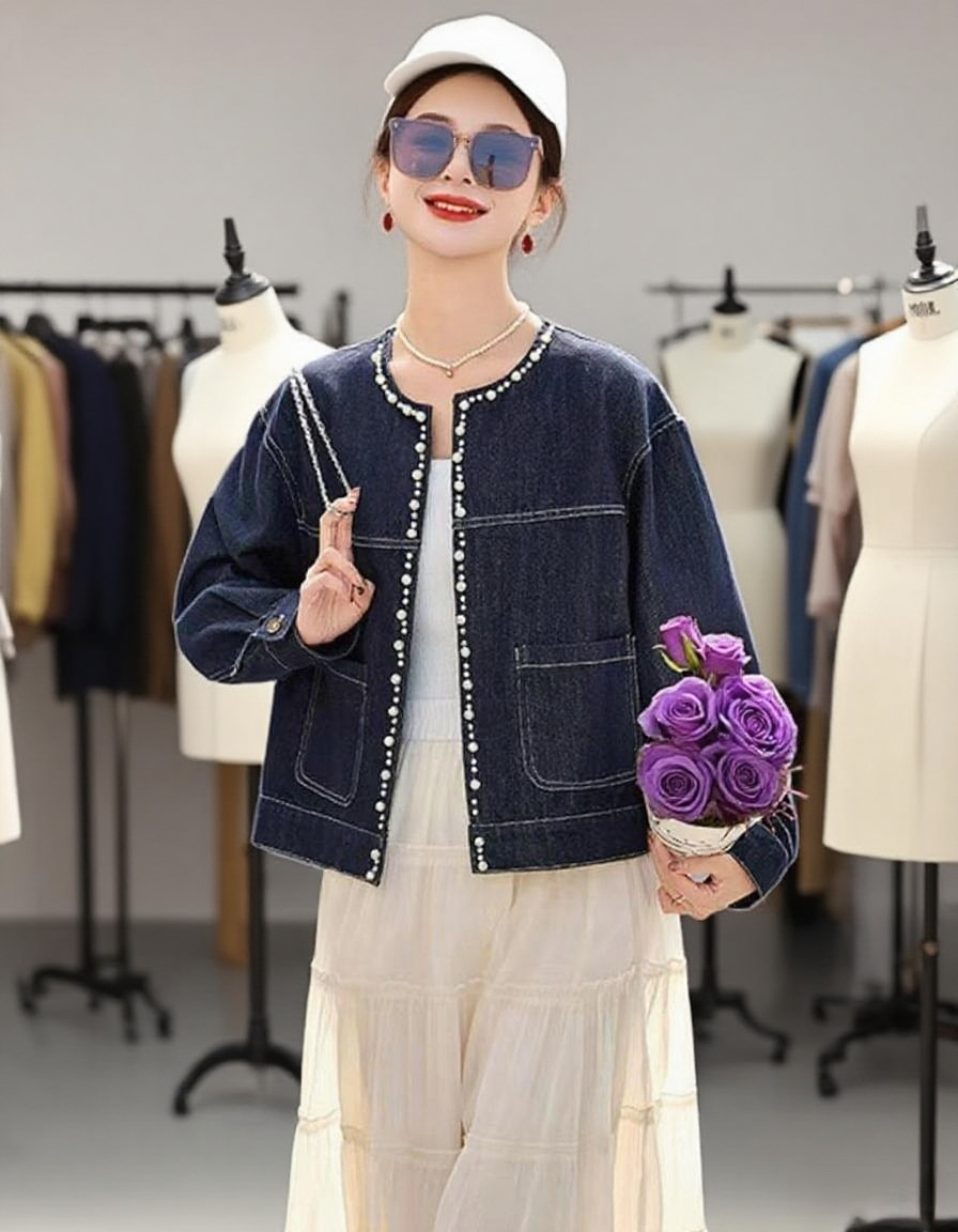 Women's Dark Blue Beaded Denim Jacket Korean Vintage Loose Fit Fall Winter - Image 2