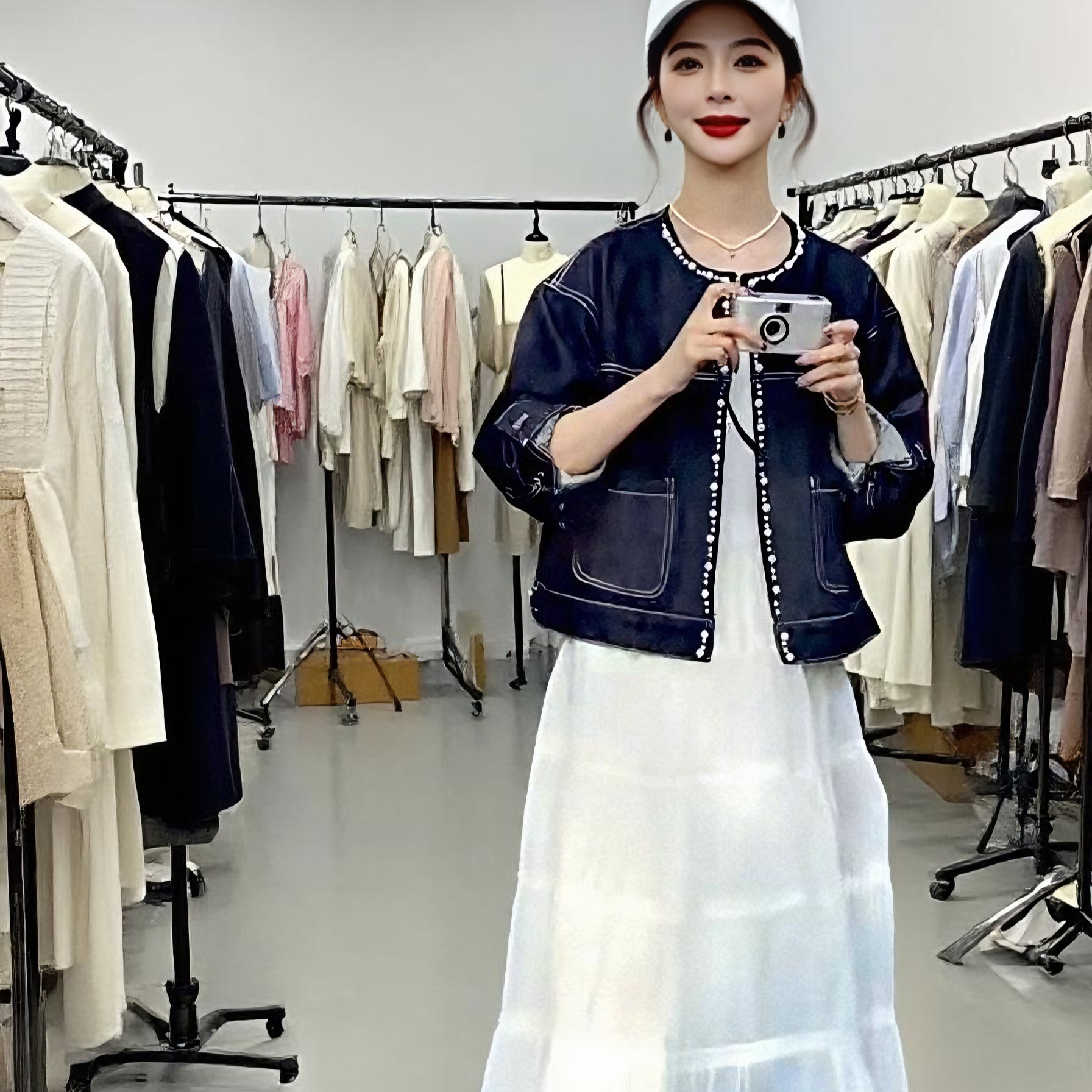 Women's Dark Blue Beaded Denim Jacket Korean Vintage Loose Fit Fall Winter - Image 3