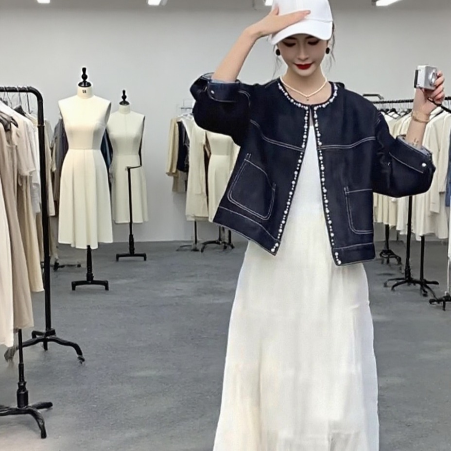 Women's Dark Blue Beaded Denim Jacket Korean Vintage Loose Fit Fall Winter - Image 4