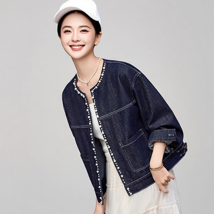 Women's Dark Blue Beaded Denim Jacket Korean Vintage Loose Fit Fall Winter - Image 5