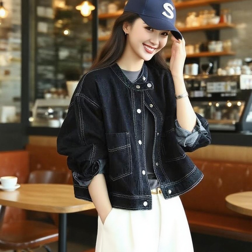 Women's Dark Blue Denim Jacket with Large Pockets - Loose Fit Round Neck Casual