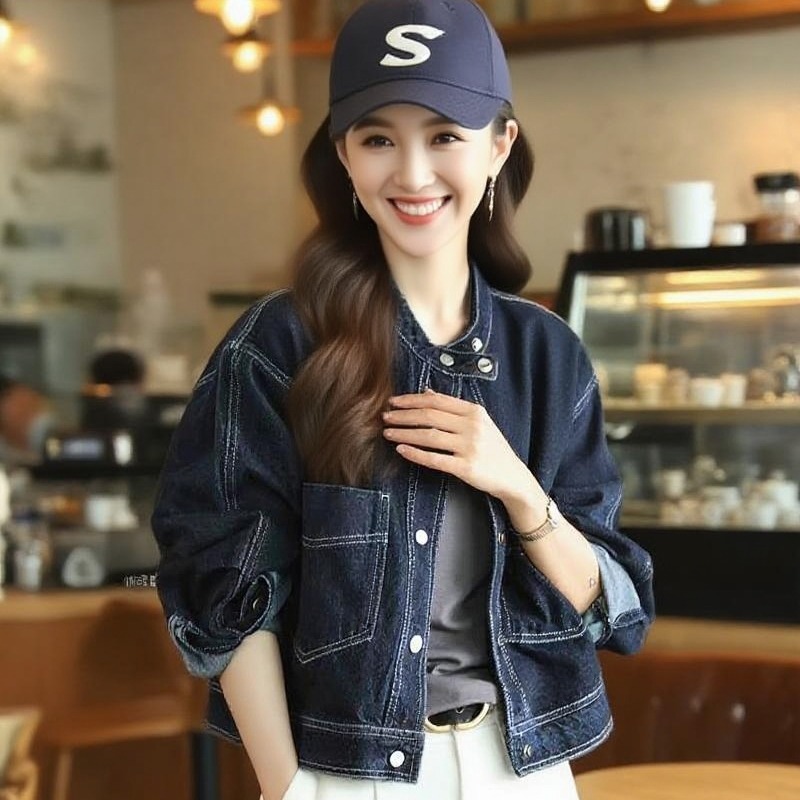 Women's Dark Blue Denim Jacket with Large Pockets - Loose Fit Round Neck Casual - Image 2