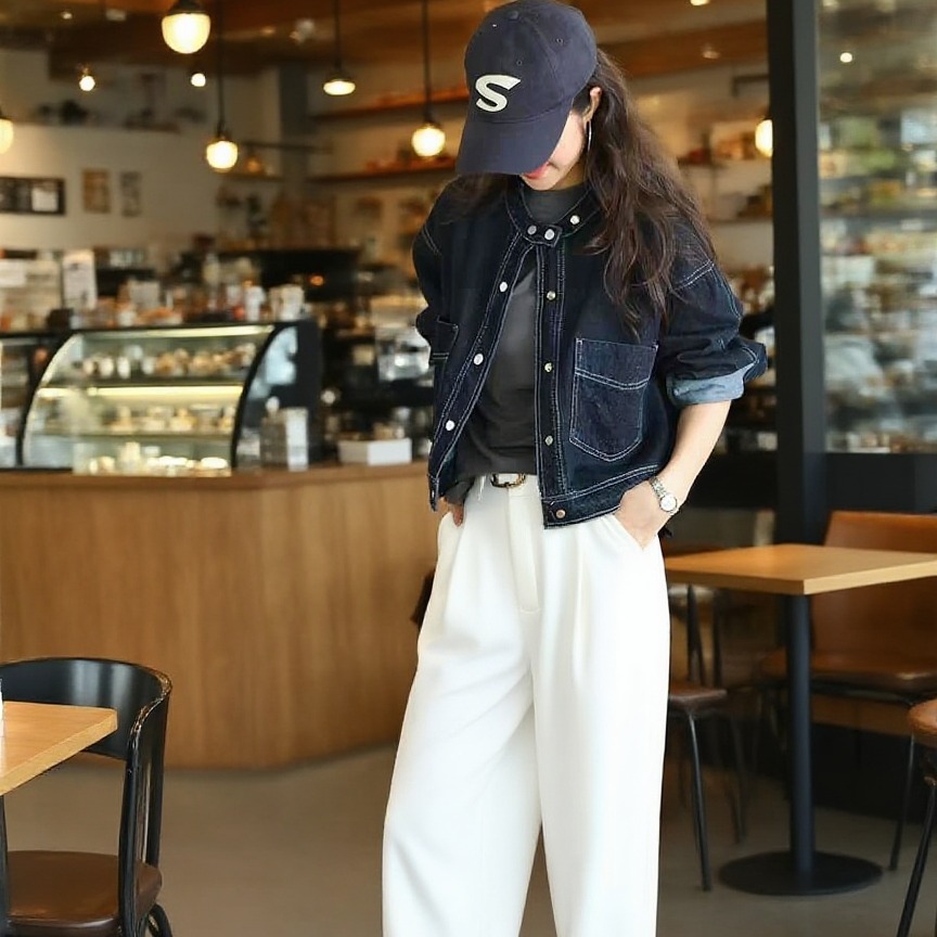 Women's Dark Blue Denim Jacket with Large Pockets - Loose Fit Round Neck Casual - Image 4