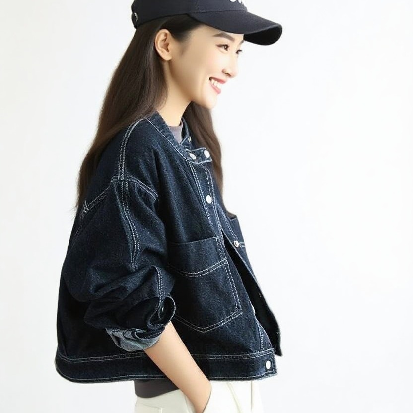 Women's Dark Blue Denim Jacket with Large Pockets - Loose Fit Round Neck Casual - Image 5