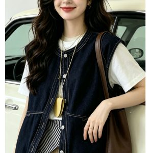 Women's Retro Loose Denim Vest with Pockets