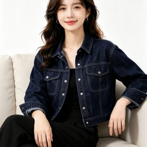 Korean Trendy Dark Blue Vintage Loose Denim Jacket for Women