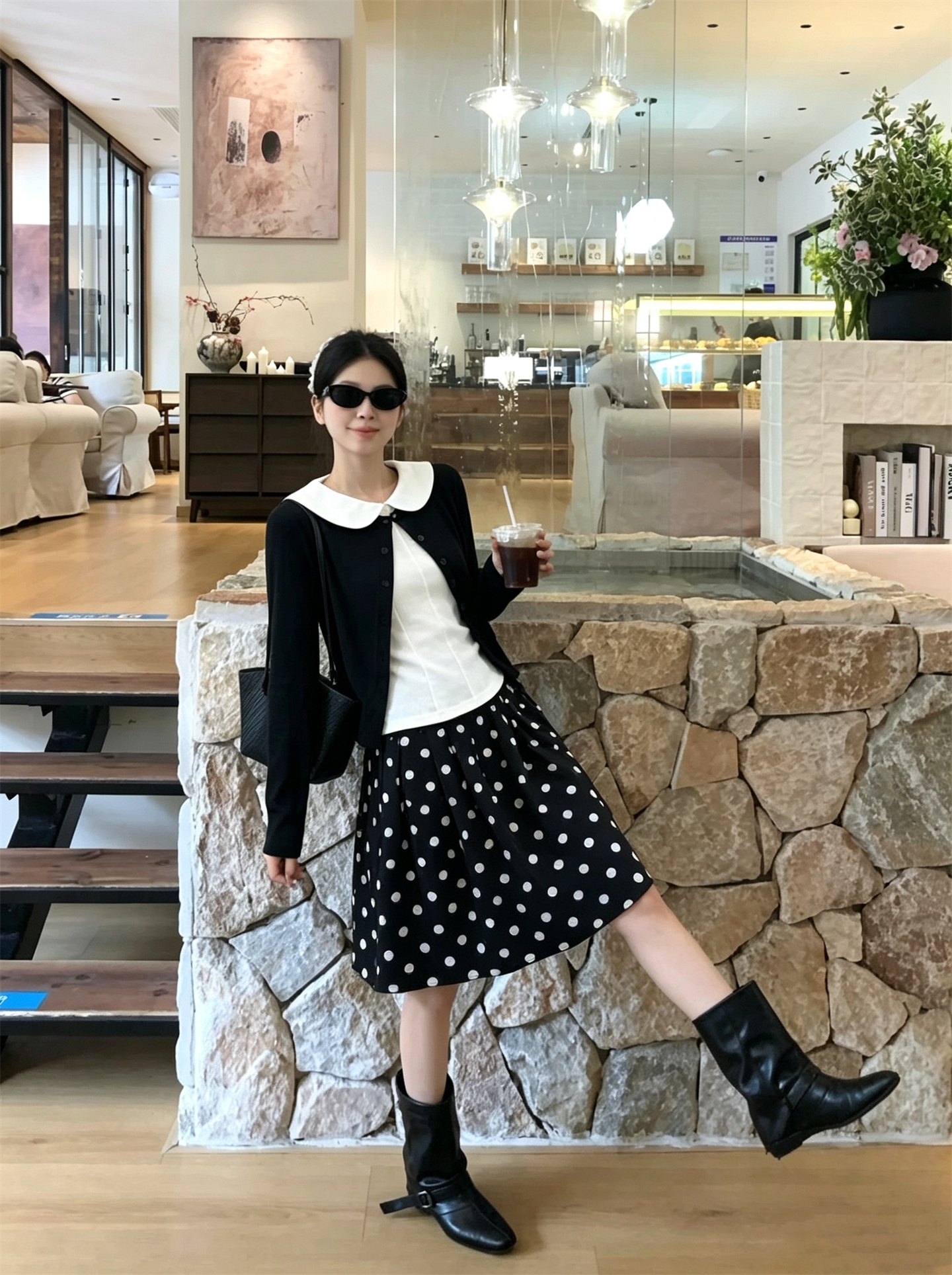 Sweet Knit Cardigan Doll Collar Vest Polka Dot Skirt Three Piece Set - Image 4