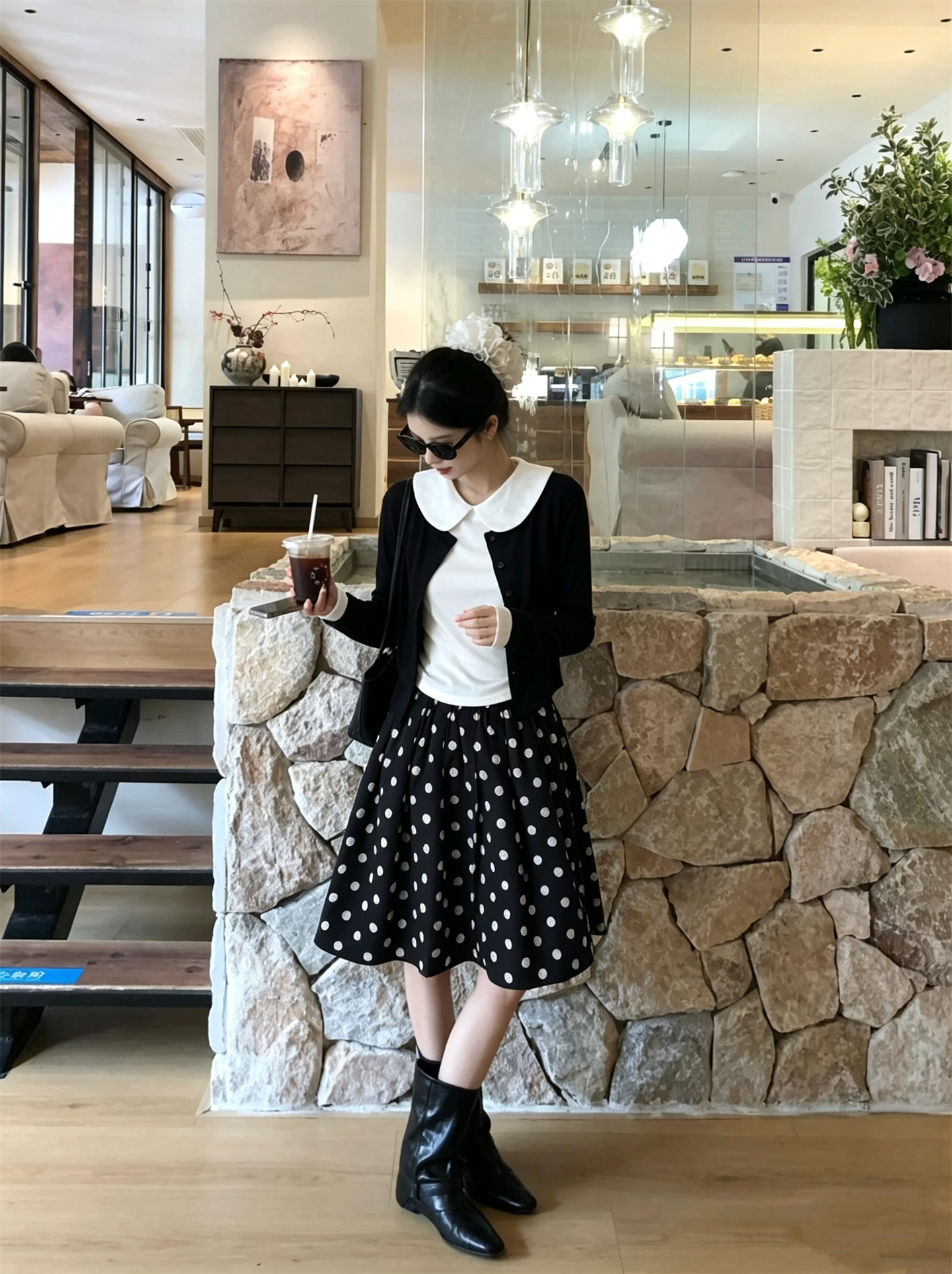 Sweet Knit Cardigan Doll Collar Vest Polka Dot Skirt Three Piece Set - Image 3