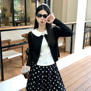 Sweet Knit Cardigan Doll Collar Vest Polka Dot Skirt Three Piece Set