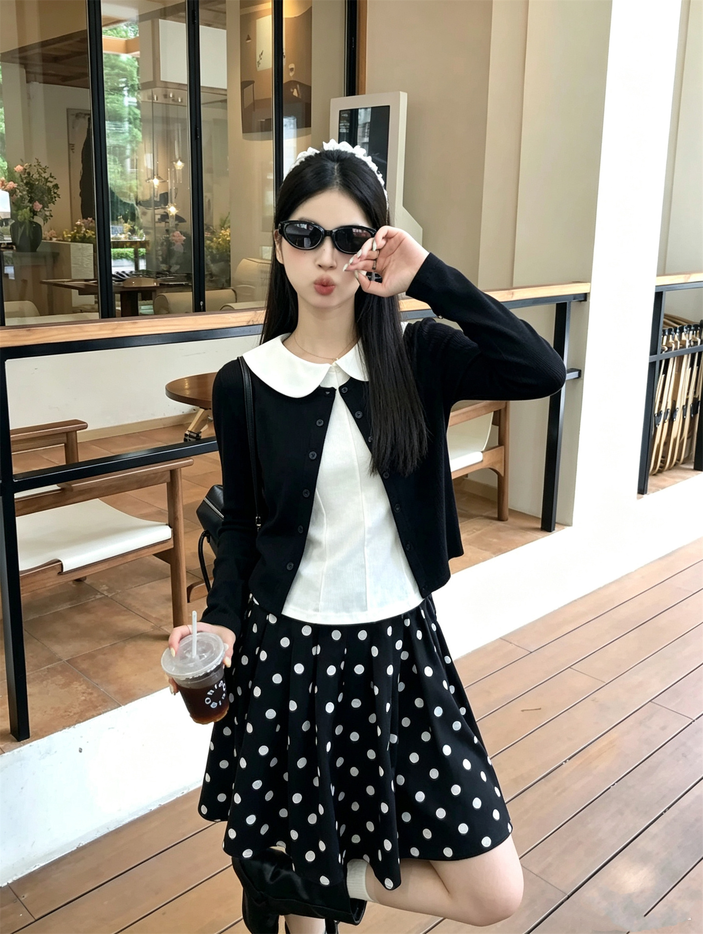 Sweet Knit Cardigan Doll Collar Vest Polka Dot Skirt Three Piece Set