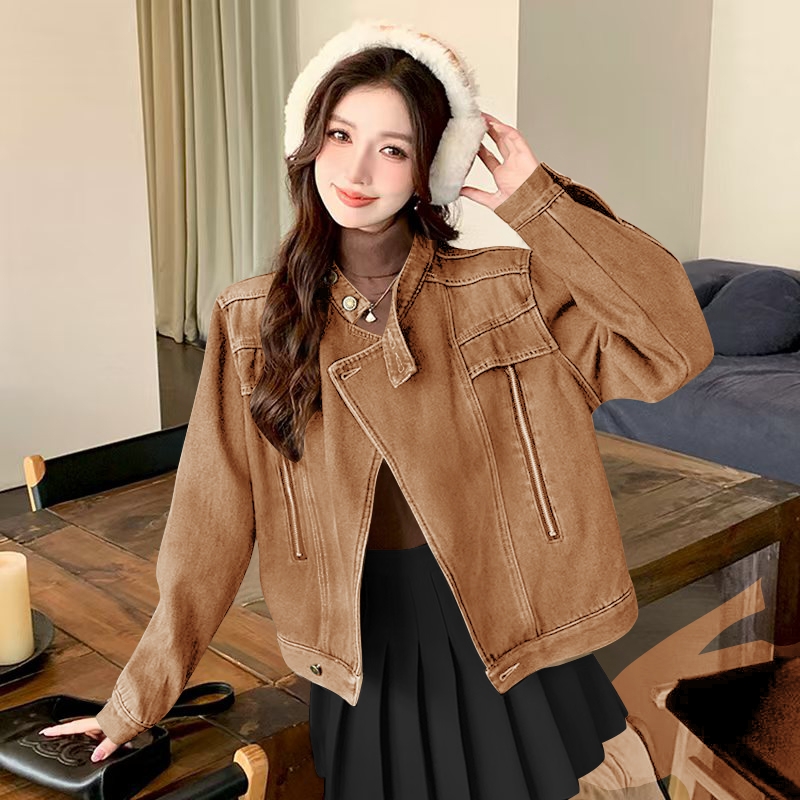 American Retro Stand Collar Double Zip Denim Jacket
